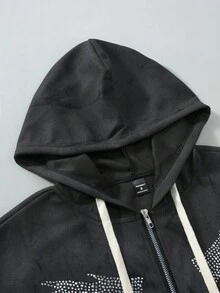 Manfinity EMRG Men's Streetwear Hooded Sweatshirt,Black And Silver Rhinestone Smiling Face Pattern Zip Up Hoodie,Unisex Graphic Sweatshirt,Autumn,Streetwear,Rave - Black - View 5