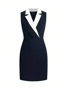 Ellevyn 女士优雅简约通勤黑白撞色修身中长连衣裙 - 藏蓝色 - 查看 3