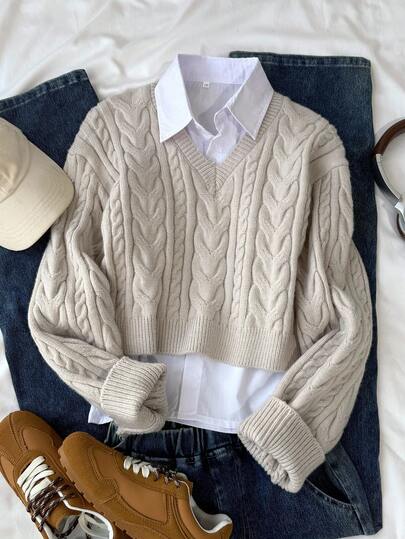 青少年女孩灰色粗针织短款毛衣，温暖、柔软、有弹性，适合居家、派对、万圣节、圣诞节、郊游、学校，可搭配圣诞派对礼服或圣诞毛衣