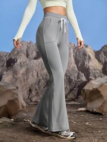 In My Nature 女士纯色抽绳腰口袋喇叭裤休闲百搭户外裤女式运动休闲慢跑裤套装女式徒步服套装 - 灰色 - 查看 3