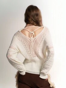 Bloopia Retro Bohemian Chic Casual Personalized Minimalist V-Neck Drop Shoulder Hollow Knit Sweater For Women, Autumn/Winter, Halloween Design