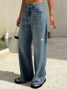 Livesso 女式休闲做旧水钻口袋宽松牛仔裤 - 深色水洗藍 - 查看 5