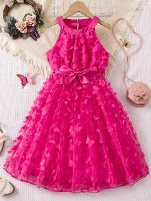 Tween Girls' Elegant Halter Neck Patchwork Mesh Dress - Hot Pink - View 4