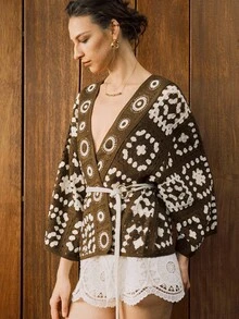 Chiquease 女式宽松刺绣钩针落肩长袖开衫 - 咖啡棕 - 查看 7