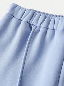 SHEIN 青少年女孩休闲宽松舒适圆领长袖短款连帽衫和裤子套装 - 淺藍色 - 查看 5