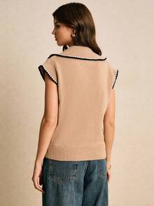 Poéselle Women's Floral Trim Polo Collar Casual Loose Knit Vest - Apricot - View 4