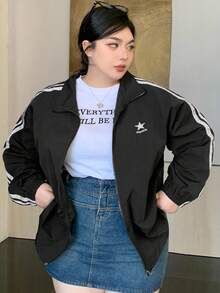 Dazy Plus Plus Size Contrast Color Patchwork Ribbon Pattern Embroidery Loose Casual Jacket, Spring/Summer/Autumn Women Coats - Black - View 4