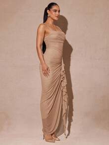 Silquee 优雅的鼠尾草绿色浪漫荷叶边袖高开衩连衣裙，女士蕾丝紧身派对礼服，适合情人节、约会、婚礼、舞会 - 卡其色 - 查看 5