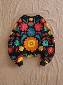EMERY ROSE Plus Size Casual Retro Floral Pattern Sweatshirt, Suitable For Fall/Winter - Multicolor - View 2