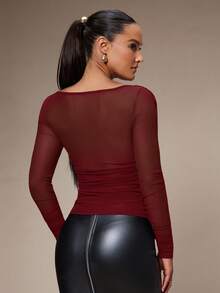 Silquee Blusa elegante de mujer con cuello de corazón, manga larga transparente y ajustada con pliegues - Burdeos - Ver 2