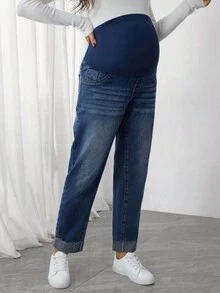 SHEIN 舒适弹力休闲百搭日常孕妇牛仔裤 - 中等水洗藍 - 查看 4