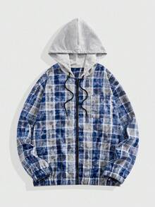 ROMWE MEN Street Life Men's Prep Plaid Print Zip-Up Casual Hoodie, For Fall - Multicolor - View 1