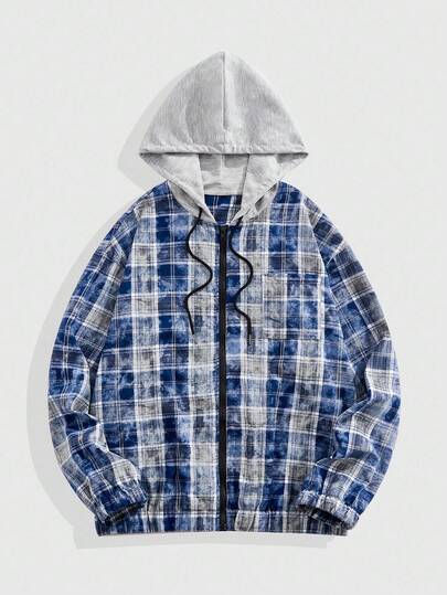 Street Life Men's Prep Plaid Print Zip-Up Casual Hoodie, For Fall