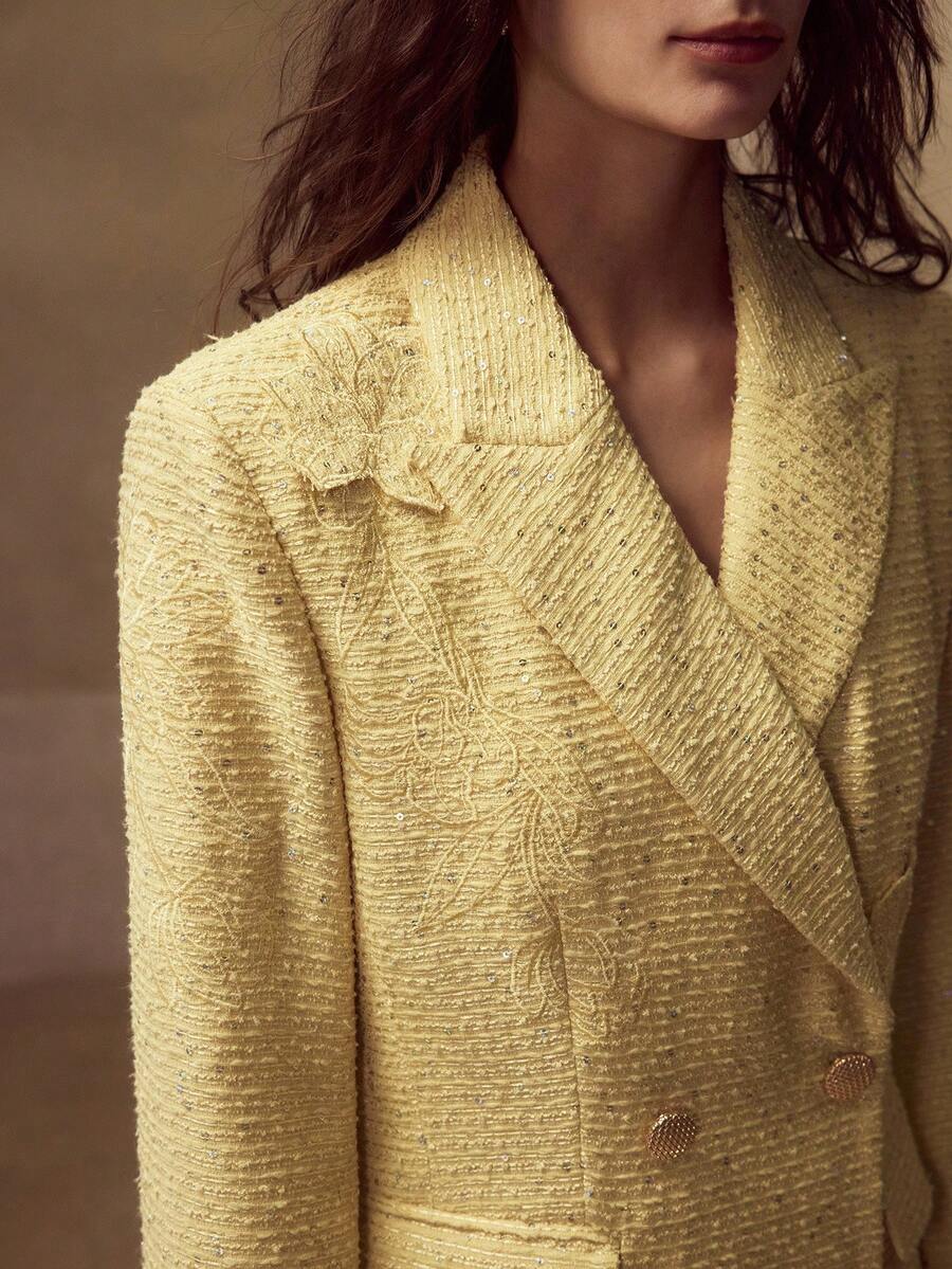 MOTF PREMIUM 秋季粗花呢撞色亮片刺绣西装外套 - 黃色 - 查看 2