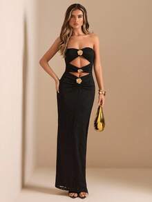 SHEIN BAE 女士秋冬金属花朵装饰修身镂空无袖蕾丝中长连衣裙，适合夜店、派对、正式场合，黑色蕾丝连衣裙，秋季连衣裙 - 黑色 - 查看 5