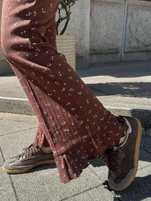 FRIFUL Pantalon évasé à fleurs marron pour femmes avec décoration de volants, casual et polyvalent, tenues d'automne pour les vacances des femmes - Multicolore - Voir 6