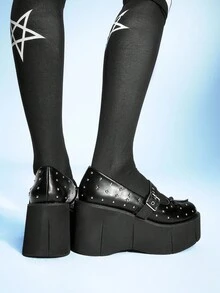 Sugerpunk Zapatos de cuña de plataforma de moda para mujer, de puntera redonda, con tachuelas en estilo gótico punk, decoración de lazo linda, apropiados para uso casual y actuaciones en el escenario - Negro - Ver 4