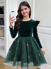 Tween Girl Casual Minimalist Comfortable Round Neck Ruffle Hem Mesh Hem Dress - Green - View 2