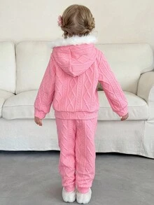 SHEIN LMoss Kids 2件套少女纯色连帽人造毛皮装饰休闲运动衫和紧身裤套装 - 粉色 - 查看 2