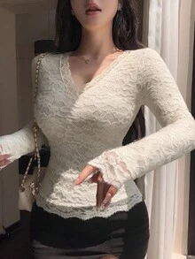 DAZY Sexy V-Neck Hollow Out Long Sleeve Lace Blouse, Slim Fit Undershirt For Women, Autumn/Winter - Apricot - View 6