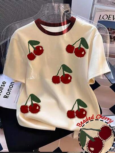 Resyla 女士樱桃珍珠装饰印花圆领T恤，夏季