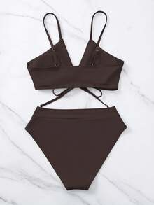 Swim Basics 夏季海滩女士纯色褶皱前结饰文胸和泳裤两件套比基尼泳装 - 咖啡棕 - 查看 2