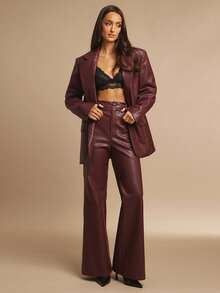 Silquee Autumn And Winter Women's Wine Red Elegant And Fashionable Commuting Simple PU Leather High Waist Flared Pants Suitable For Dating, Parties, Daily Outings,Cozy Fall And Winter Clothes For Women - Red - View 4