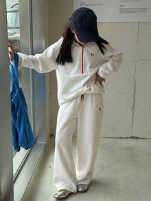 DAZY 2 件套女童针织刺绣连帽衫和保暖内衬裤子套装，秋冬 - 灰色 - 查看 3