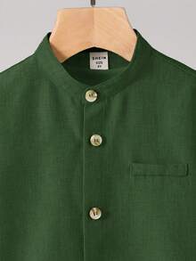 儿童男孩休闲立领纽扣衬衫，卡其色衬衫，基本款上衣，返校季，适合花园、海滩、生日 - 綠色 - 查看 4