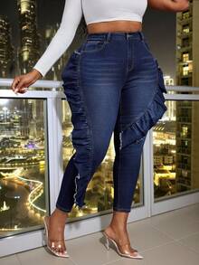 Slaydiva Quần jean bó 7/8 màu xanh co giãn cá tính cho nữ cỡ lớn, trang phục cao bồi/rodeo - Rửa tối - Xem 3