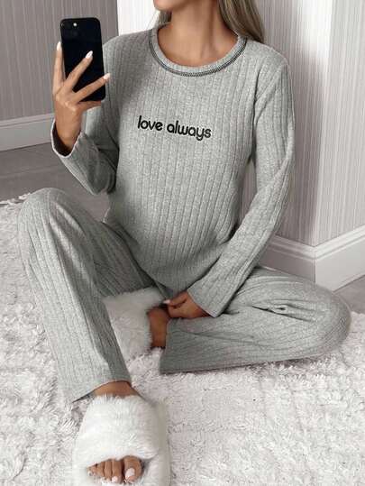 EURMUSE Women Rib Knit With Contrast Colour Stitch Detail Lettered Homewear Lounge Set For Ladies