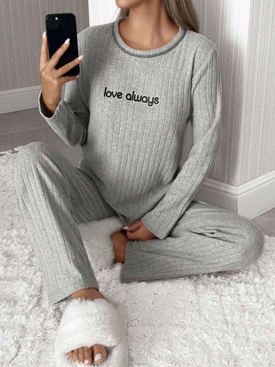 EURMUSE Women Rib Knit With Contrast Colour Stitch Detail Lettered Homewear Lounge Set For Ladies - Grey - View 1
