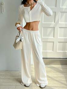 Chiquease 2pcs Set: Apricot Front Button Long Sleeve Top And Elastic Waist Pants - Apricot - View 4