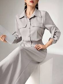 Heiryn Chemise décontractée à manches retroussées et à simple boutonnage avec design plissé et combinaison à jambes larges pour femmes, couleur unie - Gris - Voir 6