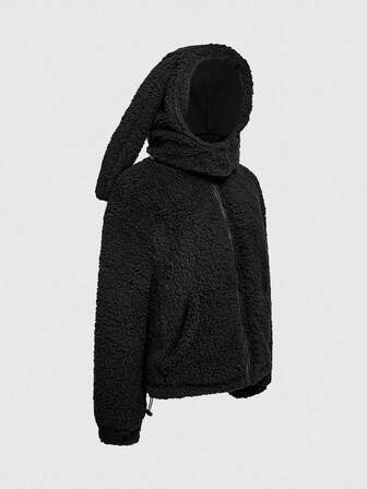 ROMWE Avant Chaqueta con capucha de forro polar con cremallera frontal y diseño de oreja 3D de unicolor para mujer, otoño/invierno