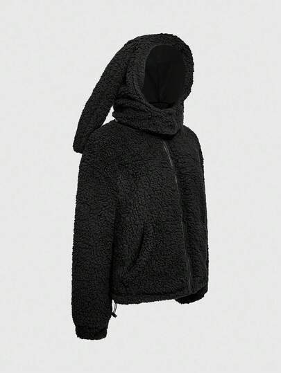 ROMWE Avant Chaqueta con capucha de forro polar con cremallera frontal y diseño de oreja 3D de unicolor para mujer, otoño/invierno