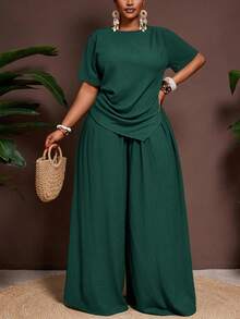 Veslaya 2026春夏新款休闲度假优雅海岛风派对纯色棕色褶皱面料露脐上衣，修身剪裁，尖下摆短袖上衣搭配松紧腰阔腿裤两件套，大码女装 - 墨綠色 - 查看 8