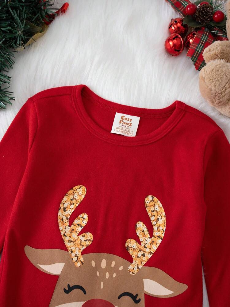 Cozy Pixies Conjunto de pijama de 2 piezas para bebé niña con parte superior de cuello redondo de manga larga y leggings de cintura elástica con estampado de renos navideños - Rojo - Añade 7