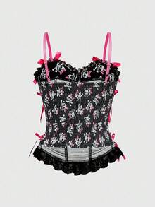 ROMWE Kawaii Áo hai dây họa tiết chấm bi và đầu lâu thêu ren Y2K gợi cảm - Màu Hồng Tươi - Xem 4