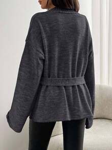 EURMUSE 秋冬休闲纯色落肩宽松开衫配腰带