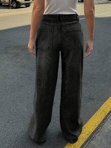 EURMUSE RueChic 100% Cotton Low Waist Wash Detailed Wide Leg Jean - Black - View 2