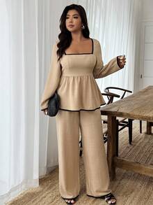 Weeklong 大码休闲通勤拼色衬衫和裤子两件套 - 卡其色 - 查看 6