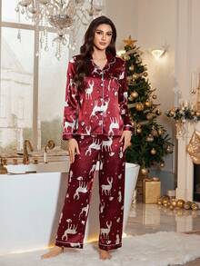 LuxeNights 圣诞元素印花仿丝披肩领女士睡衣套装，秋季服装 - 紅色 - 查看 4