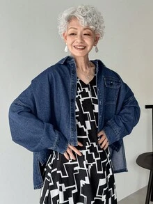 FRIFUL Women's Autumn Dropped Shoulder Long Sleeve Single-Breasted Pocket Casual Loose Denim Jacket Denim Jumper Blue Graphic Shirt Oversized Jean Jacket Cropped Denim Jacket Plus Size Denim Jackets