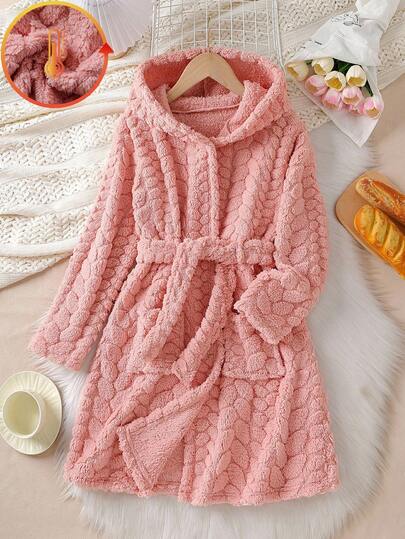Girls' Pink Solid Color Cute Fluffy Long Sleeve Hooded Robe