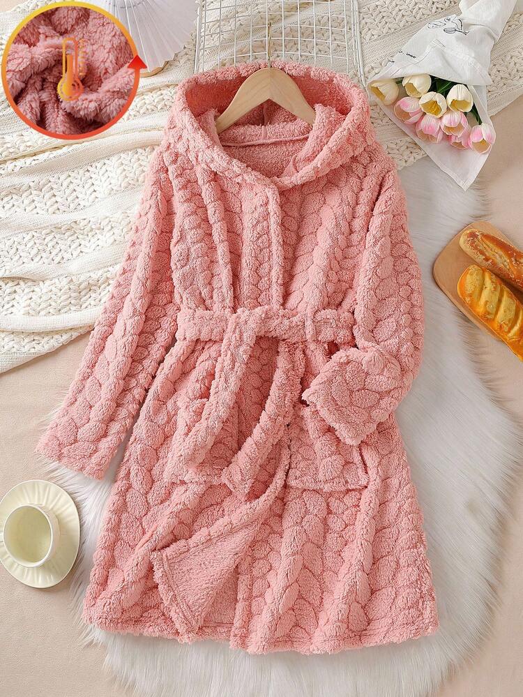 Girls' Pink Solid Color Cute Fluffy Long Sleeve Hooded Robe - Pink - View 1