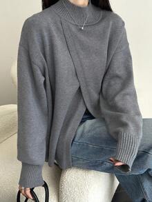 Livesso 女士宽松商务休闲不对称领套头毛衣，纯色简约基本款上衣，秋冬 - 灰色 - 查看 8
