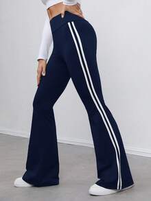 SHEIN Tall 纯黑色高弹针织侧缝白色织带紧身裤，适合秋冬季 - 藏蓝色 - 查看 4