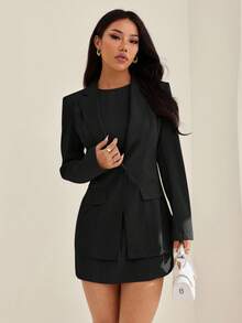 SHEIN PETITE 女式两件套复古优雅连衣裙西装外套套装休闲装女式夏季服装两件套女式度假服装白色连衣裙女式白色连衣裙两件套女士白色上衣商务休闲女式婚礼宾客礼服女式复活节夏装女式春季服装女式套装女式两件套复活节连衣裙女式生日服装女式春假优雅连衣裙女式办公室服装 - 黑色 - 查看 1