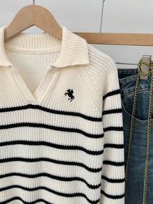 SHEIN Tween Girl Black And White Striped Autumn Knitted Polo Collar Sweater,Casual Back-To-School Ribbed Pullover,Everyday Wear Holiday Collegiate Fashion - Black and White - View 5